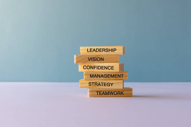 Bouts de bois en équilibre annotés "leadership", "vision", "confidence", "management", "strategy" et "teamwork"